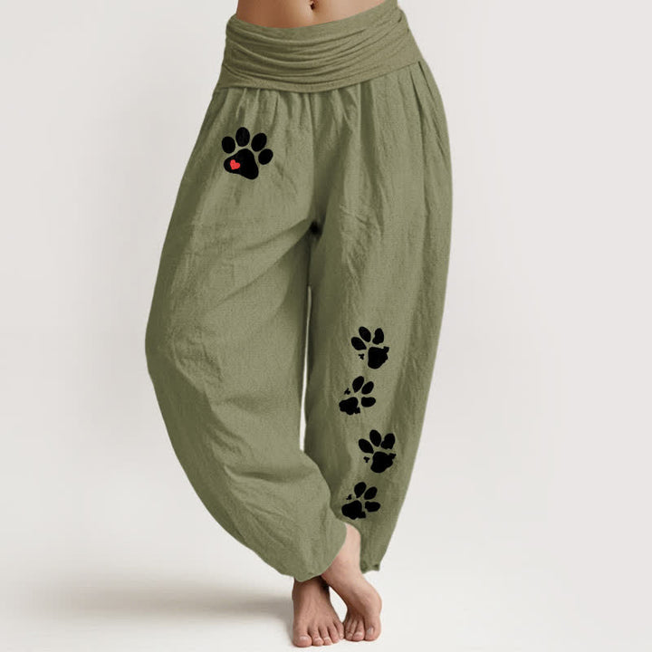 Buddha Stones Pantalones harem de mujer con cintura elástica y estampado de huellas de patas blancas, de algodón puro. - Verde oliva - US16，UK/AU20，EU48 (3XL) - image 8
