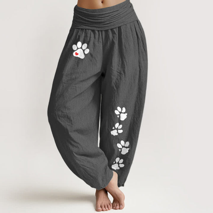 Buddha Stones Pantalones harem de mujer con cintura elástica y estampado de huellas de patas blancas, de algodón puro. - Gris oscuro - US16，UK/AU20，EU48 (3XL) - image 5