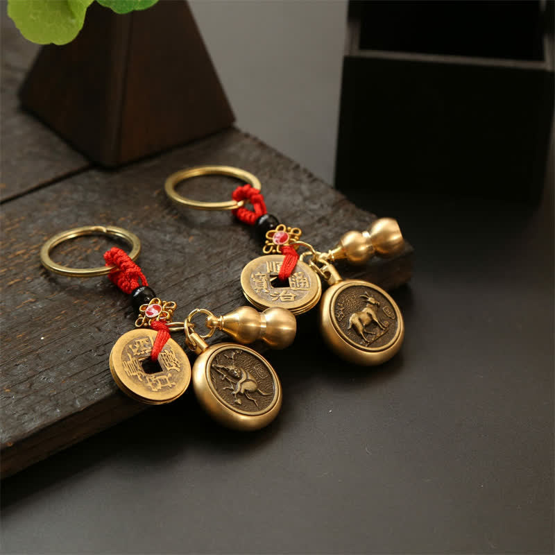 Buddha Stones Llaveros de cobre con monedas del zodíaco chino de los cinco emperadores y cordón rojo para la riqueza - image 21