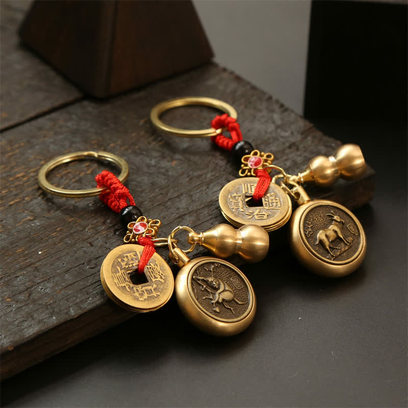 Buddha Stones Llaveros de cobre con monedas del zodíaco chino de los cinco emperadores y cordón rojo para la riqueza - image 22