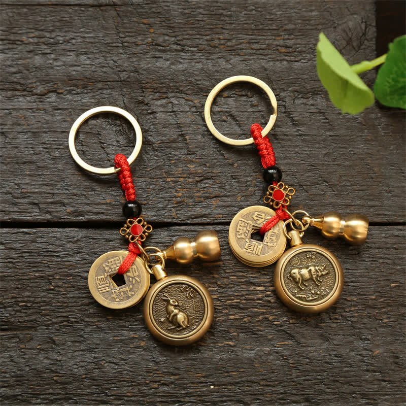 Buddha Stones Llaveros de cobre con monedas del zodíaco chino de los cinco emperadores y cordón rojo para la riqueza - image 25