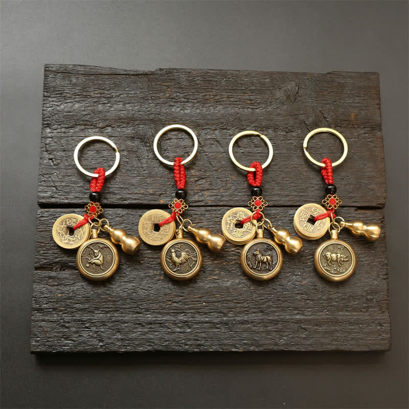 Buddha Stones Llaveros de cobre con monedas del zodíaco chino de los cinco emperadores y cordón rojo para la riqueza - image 29