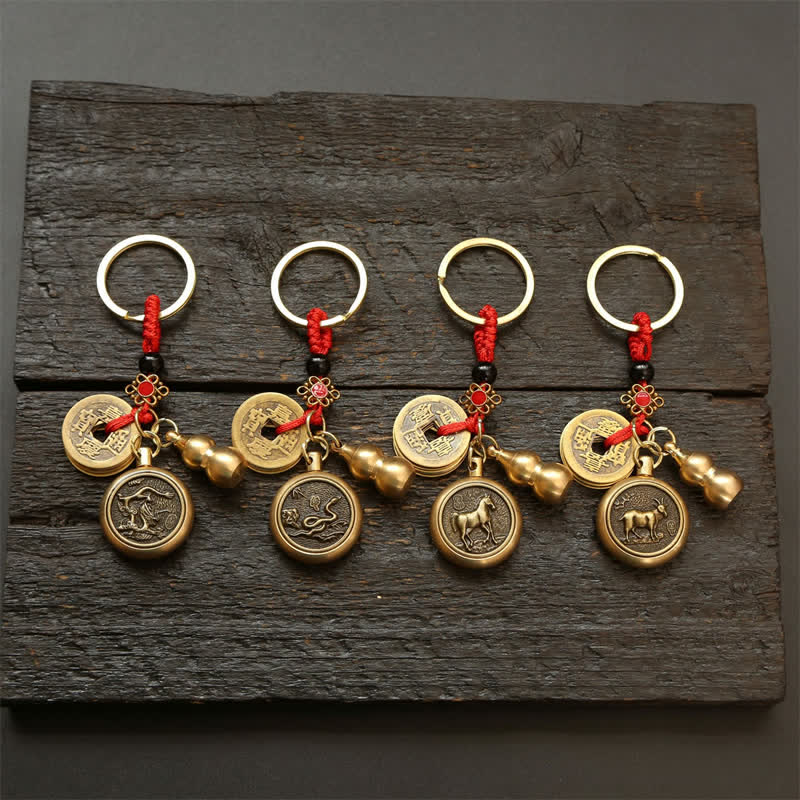 Buddha Stones Llaveros de cobre con monedas del zodíaco chino de los cinco emperadores y cordón rojo para la riqueza - image 30