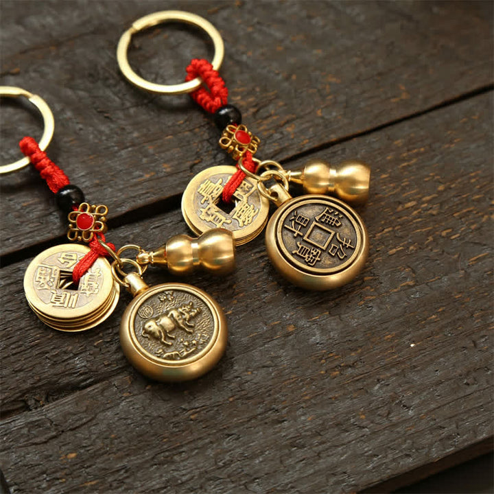Buddha Stones Llaveros de cobre con monedas del zodíaco chino de los cinco emperadores y cordón rojo para la riqueza - image 24