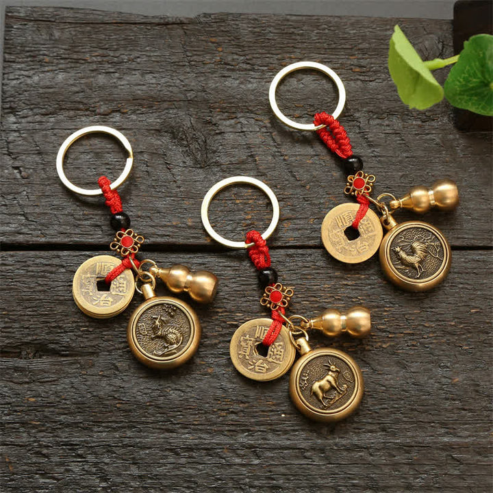 Buddha Stones Llaveros de cobre con monedas del zodíaco chino de los cinco emperadores y cordón rojo para la riqueza - image 28