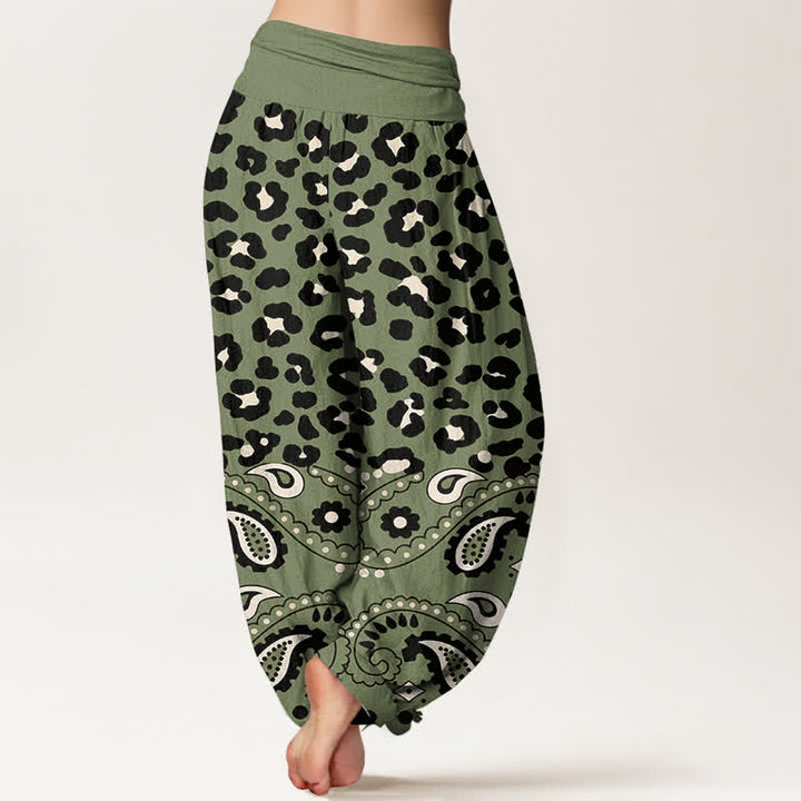 Buddha Stones Pantalones harem de algodón color oliva con estampado de leopardo y cachemir para mujer, con cintura elástica. - image 2