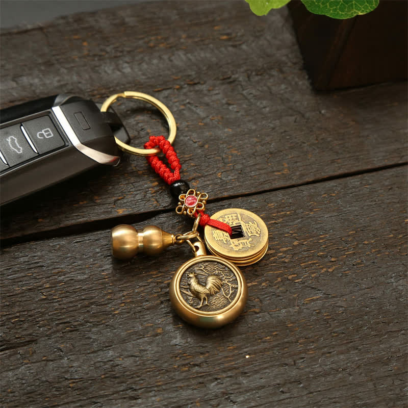 Buddha Stones Llaveros de cobre con monedas del zodíaco chino de los cinco emperadores y cordón rojo para la riqueza - image 18