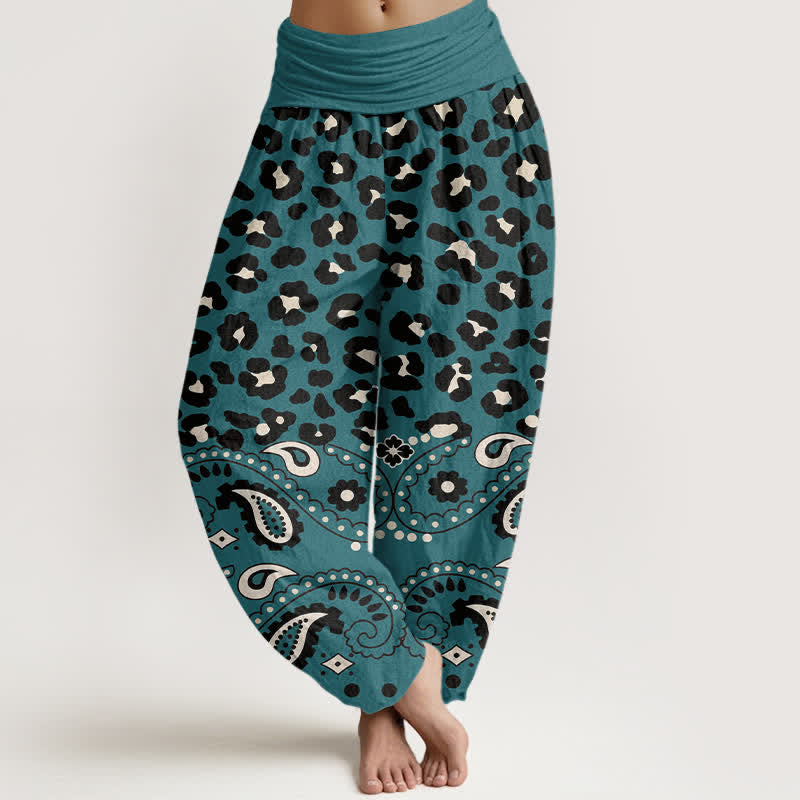 Buddha Stones Pantalones harem de algodón color oliva con estampado de leopardo y cachemir para mujer, con cintura elástica. - Verde azulado - US16，UK/AU20，EU48 (3XL) - image 5