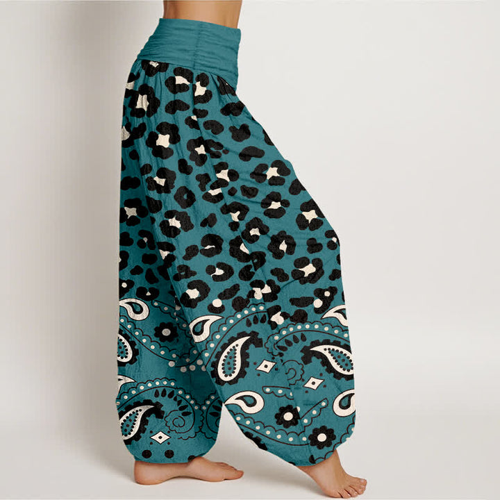 Buddha Stones Pantalones harem de algodón color oliva con estampado de leopardo y cachemir para mujer, con cintura elástica. - image 6