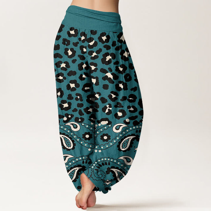 Buddha Stones Pantalones harem de algodón color oliva con estampado de leopardo y cachemir para mujer, con cintura elástica. - image 7