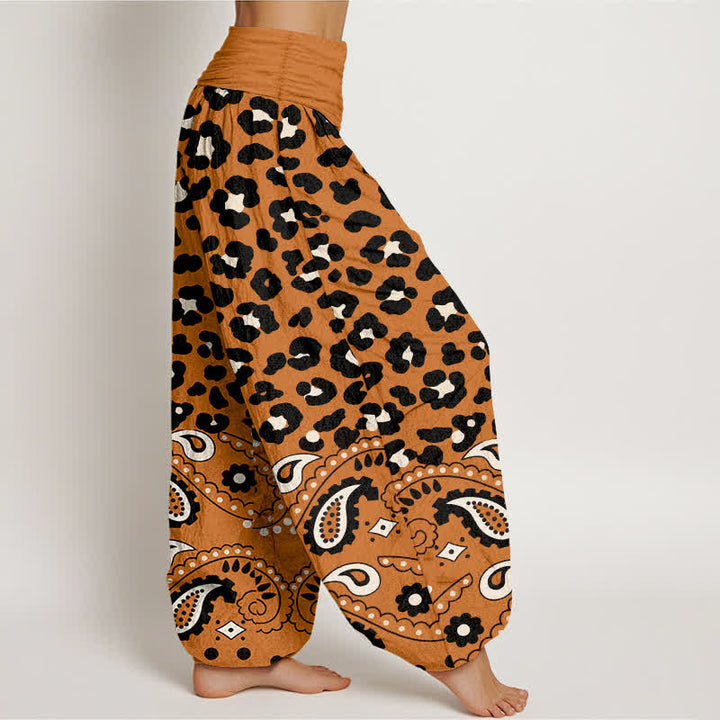 Buddha Stones Pantalones harem de algodón color oliva con estampado de leopardo y cachemir para mujer, con cintura elástica. - image 9