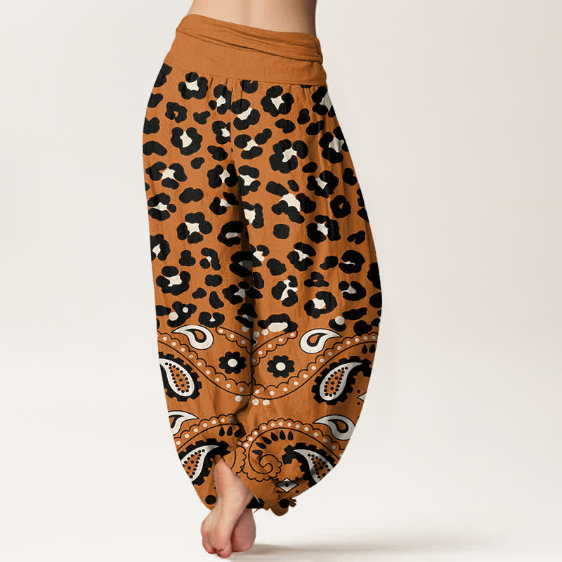 Buddha Stones Pantalones harem de algodón color oliva con estampado de leopardo y cachemir para mujer, con cintura elástica. - image 10