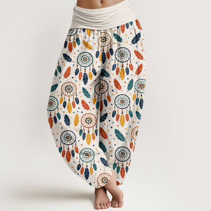 Buddha Stones Pantalones harem de mujer con cintura elástica y estampado de plumas y atrapasueños de algodón. - Blanco - US16，UK/AU20，EU48 (3XL) - image 0