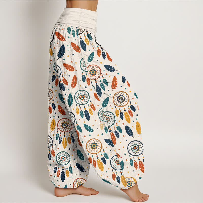 Buddha Stones Pantalones harem de mujer con cintura elástica y estampado de plumas y atrapasueños de algodón. - image 1