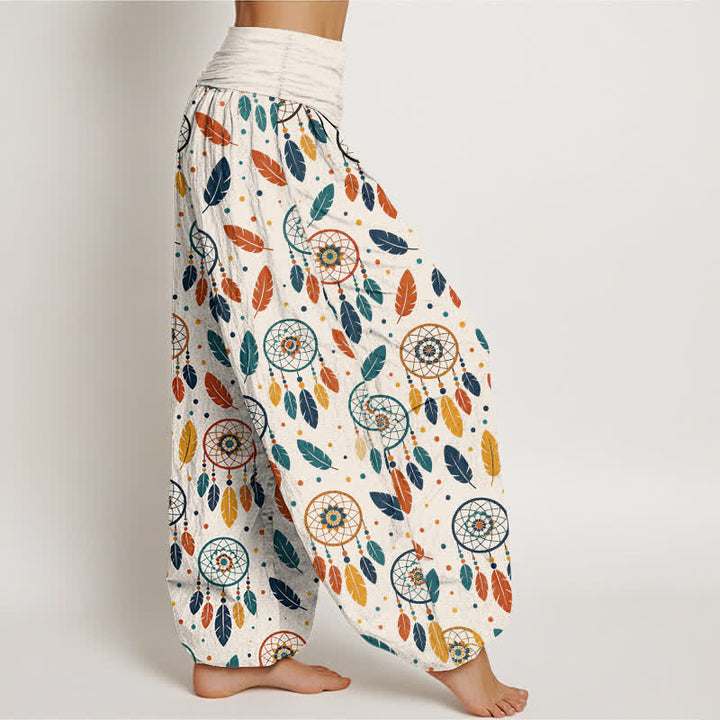 Buddha Stones Pantalones harem de mujer con cintura elástica y estampado de plumas y atrapasueños de algodón. - image 1