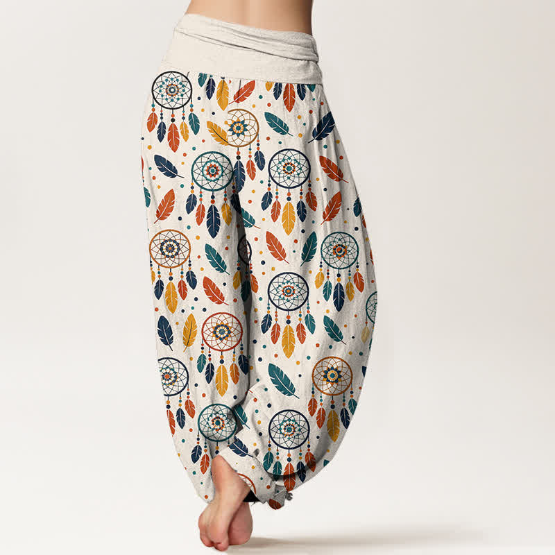 Buddha Stones Pantalones harem de mujer con cintura elástica y estampado de plumas y atrapasueños de algodón. - image 2
