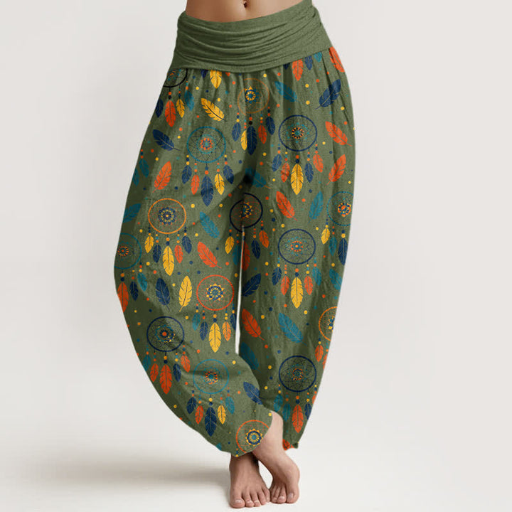 Buddha Stones Pantalones harem de mujer con cintura elástica y estampado de plumas y atrapasueños de algodón. - Verde oliva - US16，UK/AU20，EU48 (3XL) - image 5
