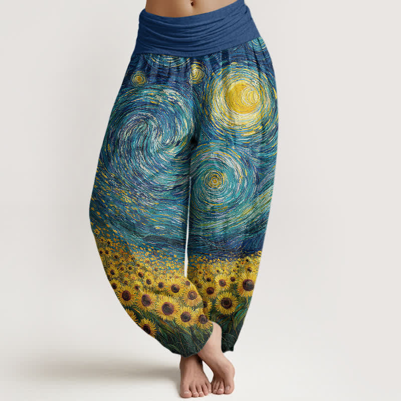 Buddha Stones Pantalones harem de algodón con estampado de girasoles y noche estrellada para mujer, con cintura elástica. - Azul real - US16，UK/AU20，EU48 (3XL) - image 0