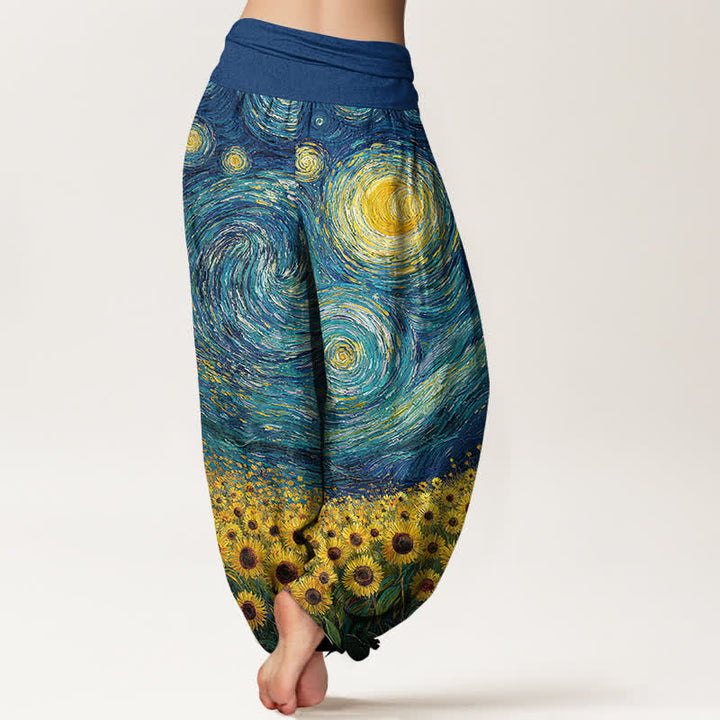 Buddha Stones Pantalones harem de algodón con estampado de girasoles y noche estrellada para mujer, con cintura elástica. - image 2