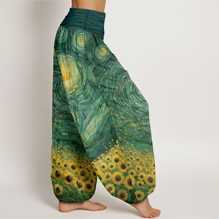 Buddha Stones Pantalones harem de algodón con estampado de girasoles y noche estrellada para mujer, con cintura elástica. - image 6