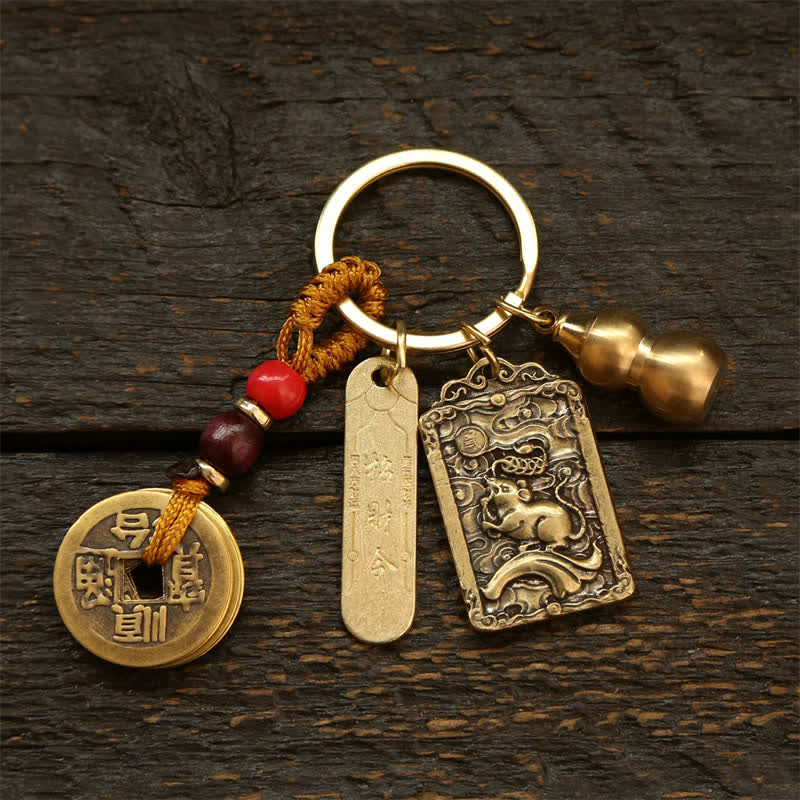 Buddha Stones Llaveros de protección con forma de calabaza, monedas de cobre del zodíaco chino de los cinco emperadores - Rata - image 1