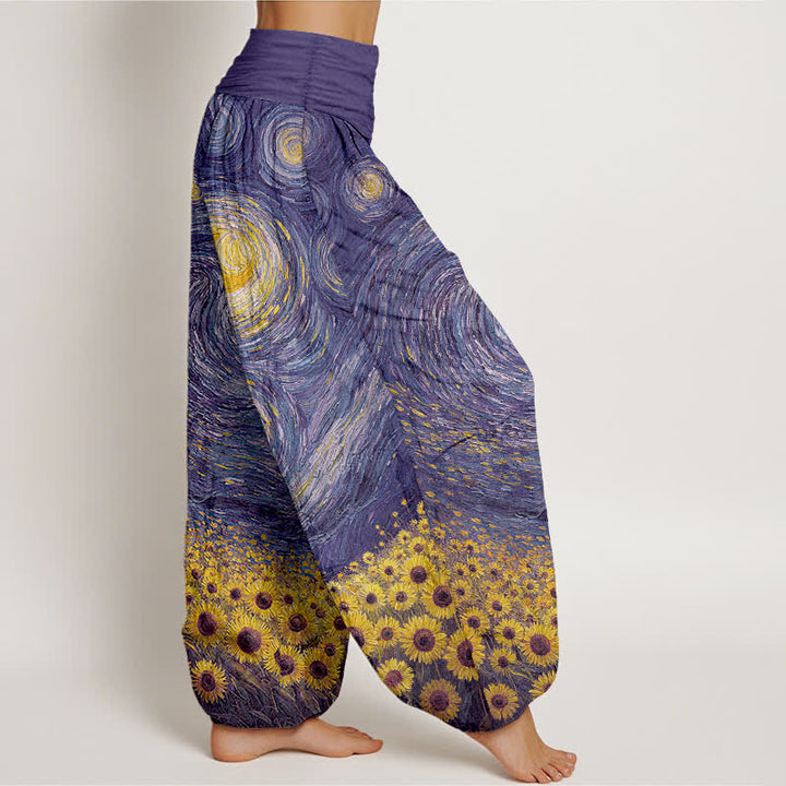 Buddha Stones Pantalones harem de algodón con estampado de girasoles y noche estrellada para mujer, con cintura elástica. - image 9