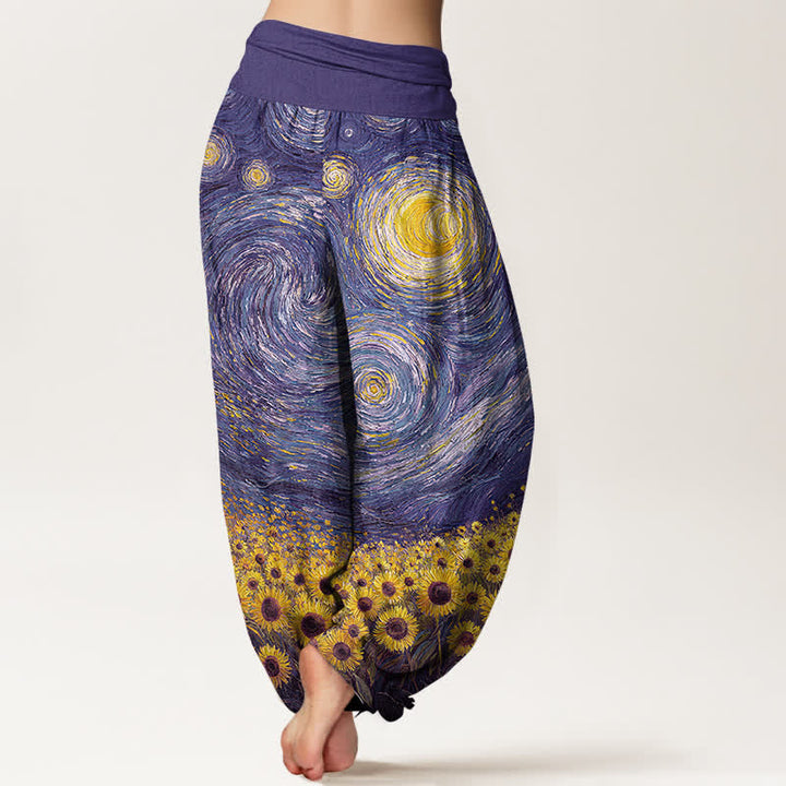 Buddha Stones Pantalones harem de algodón con estampado de girasoles y noche estrellada para mujer, con cintura elástica. - image 10