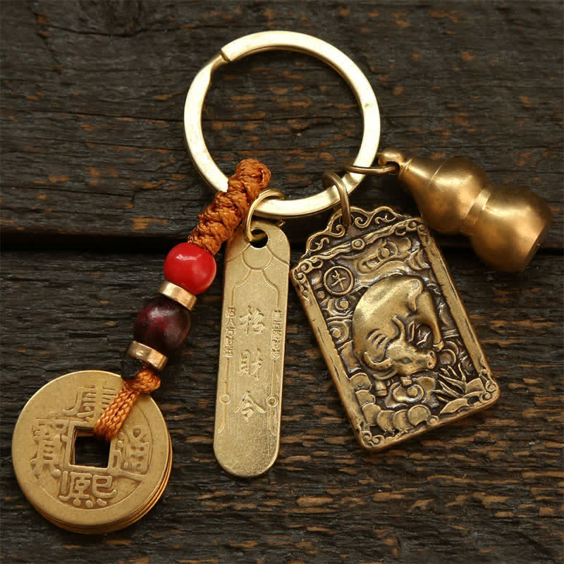 Buddha Stones Llaveros de protección con forma de calabaza, monedas de cobre del zodíaco chino de los cinco emperadores - Buey - image 2