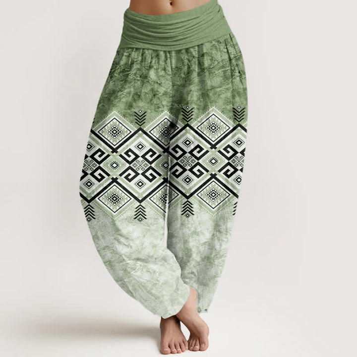 Buddha Stones Pantalones harem de algodón con estampado geométrico tribal para mujer con cintura elástica. - Verde oliva - US16，UK/AU20，EU48 (3XL) - image 0
