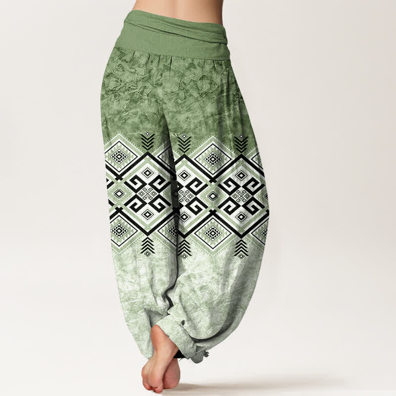 Buddha Stones Pantalones harem de algodón con estampado geométrico tribal para mujer con cintura elástica. - image 2