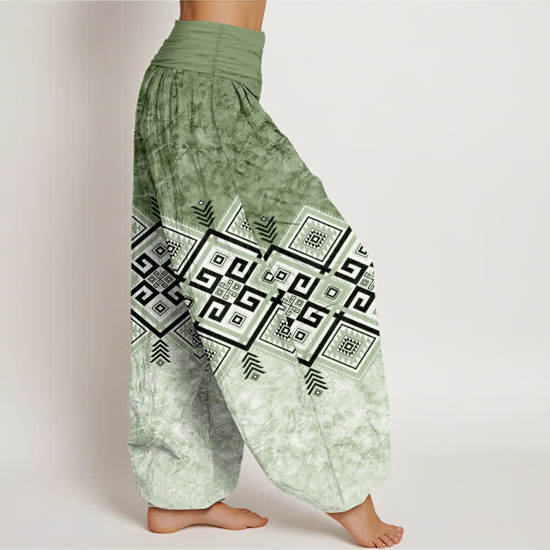 Buddha Stones Pantalones harem de algodón con estampado geométrico tribal para mujer con cintura elástica. - image 1
