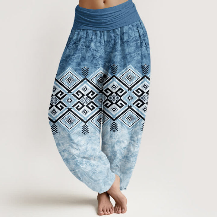 Buddha Stones Pantalones harem de algodón con estampado geométrico tribal para mujer con cintura elástica. - Azul acero - US16，UK/AU20，EU48 (3XL) - image 5