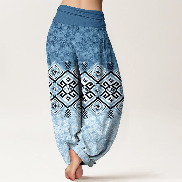 Buddha Stones Pantalones harem de algodón con estampado geométrico tribal para mujer con cintura elástica. - image 7