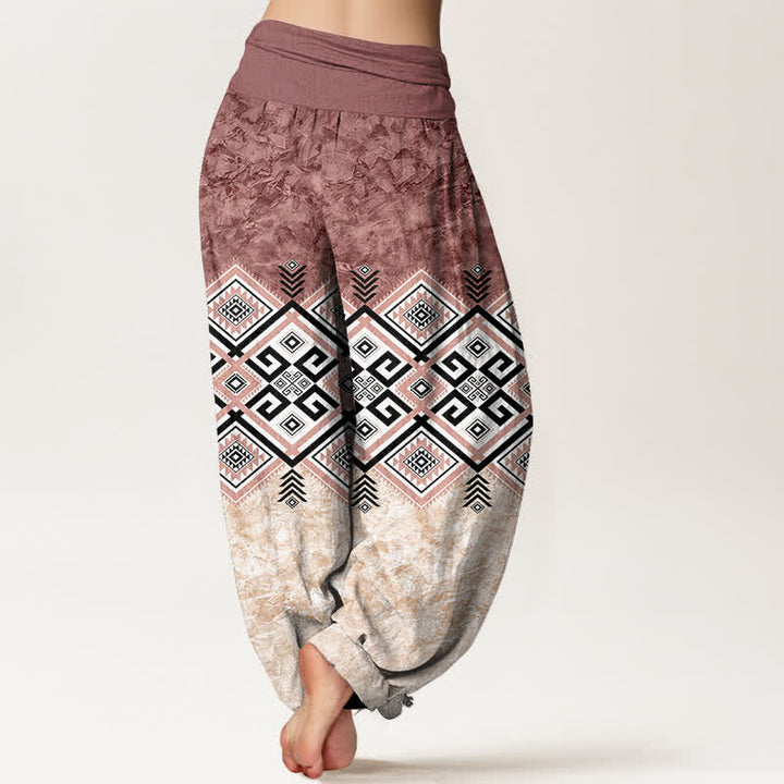 Buddha Stones Pantalones harem de algodón con estampado geométrico tribal para mujer con cintura elástica. - image 10