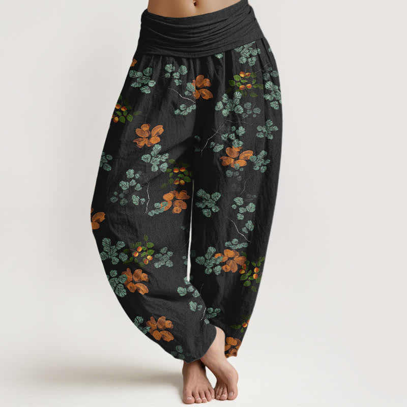 Buddha Stones Pantalones harem de algodón con estampado de flor de naranjo y hoja de menta para mujer, con cintura elástica. - Negro - US16，UK/AU20，EU48 (3XL) - image 0