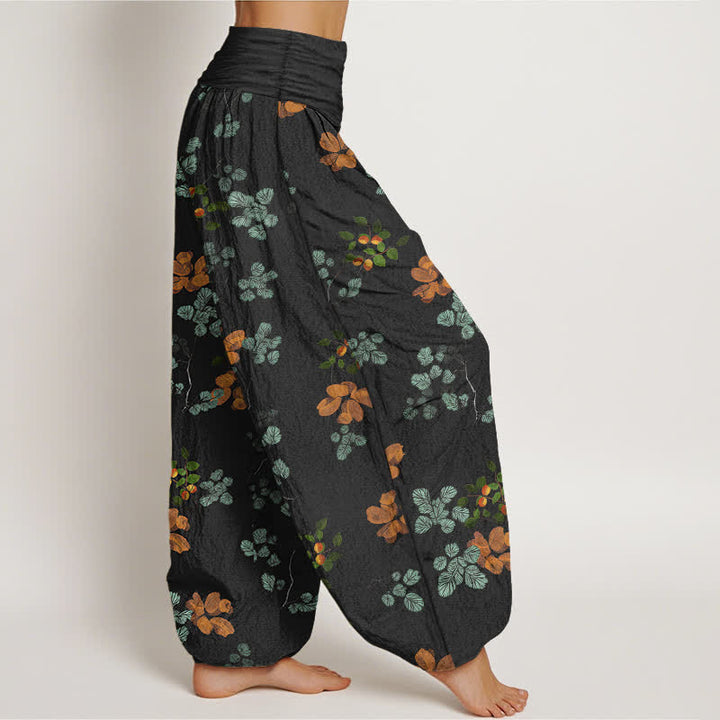 Buddha Stones Pantalones harem de algodón con estampado de flor de naranjo y hoja de menta para mujer, con cintura elástica. - image 1