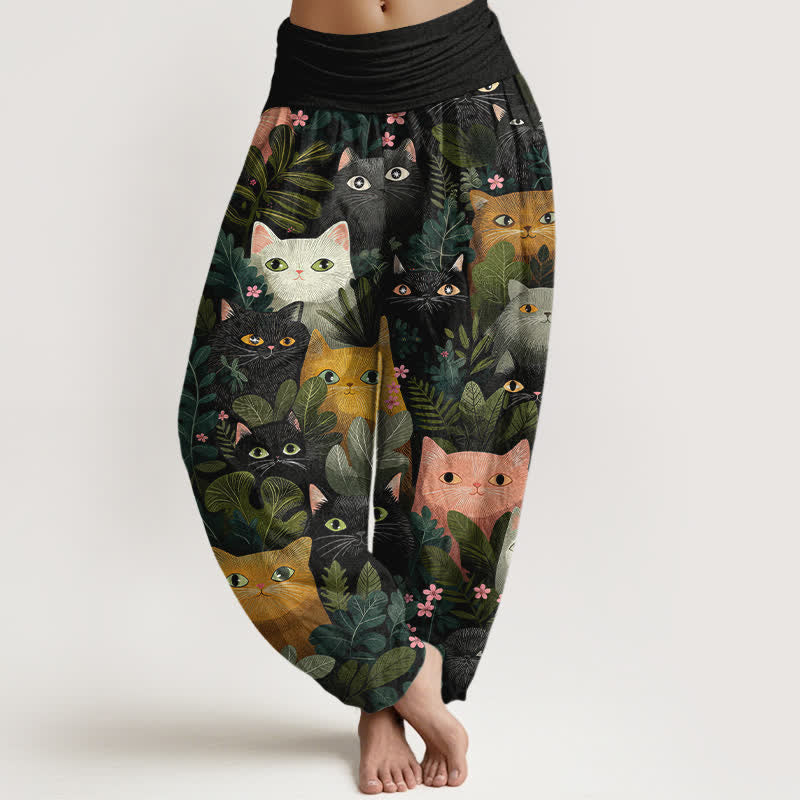 Buddha Stones Pantalones harem de algodón con estampado de gato de dibujos animados y hojas para mujer, con cintura elástica. - Negro - US16，UK/AU20，EU48 (3XL) - image 0