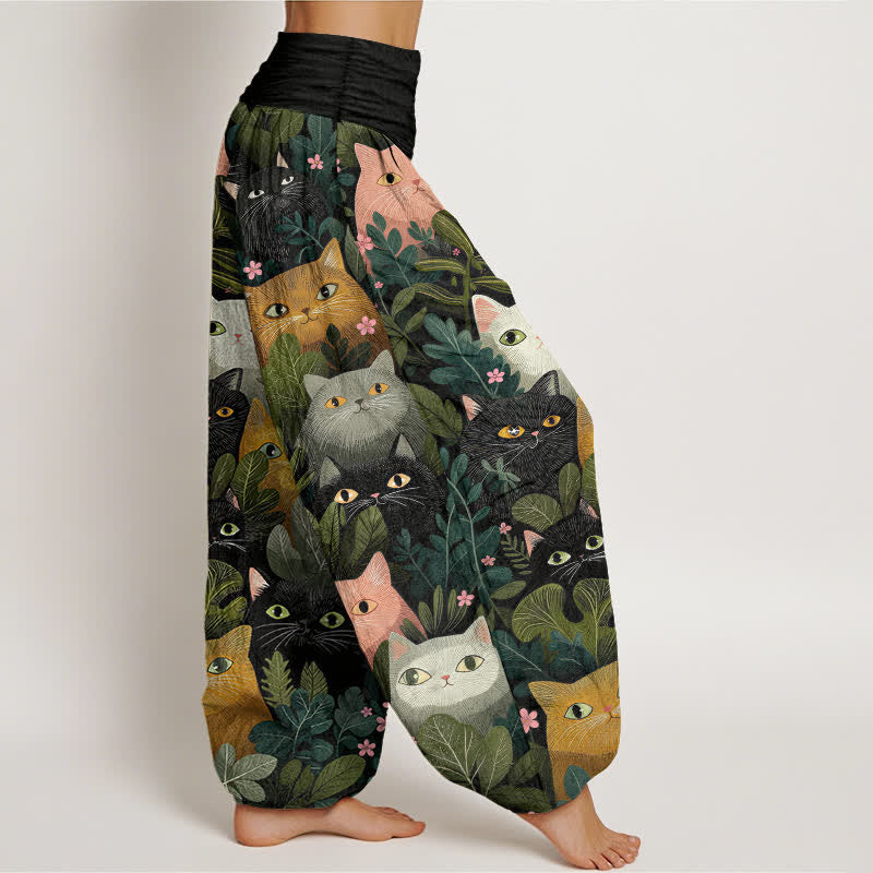 Buddha Stones Pantalones harem de algodón con estampado de gato de dibujos animados y hojas para mujer, con cintura elástica. - image 1