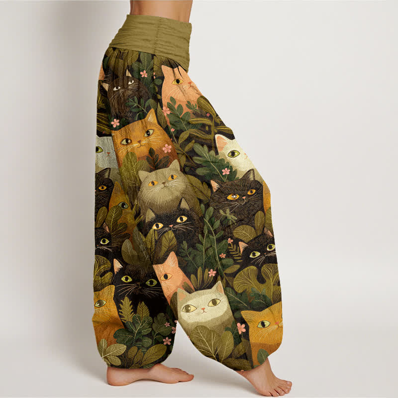 Buddha Stones Pantalones harem de algodón con estampado de gato de dibujos animados y hojas para mujer, con cintura elástica. - image 6