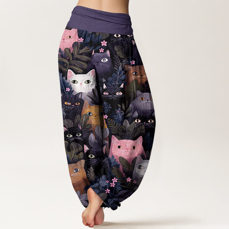 Buddha Stones Pantalones harem de algodón con estampado de gato de dibujos animados y hojas para mujer, con cintura elástica. - image 10
