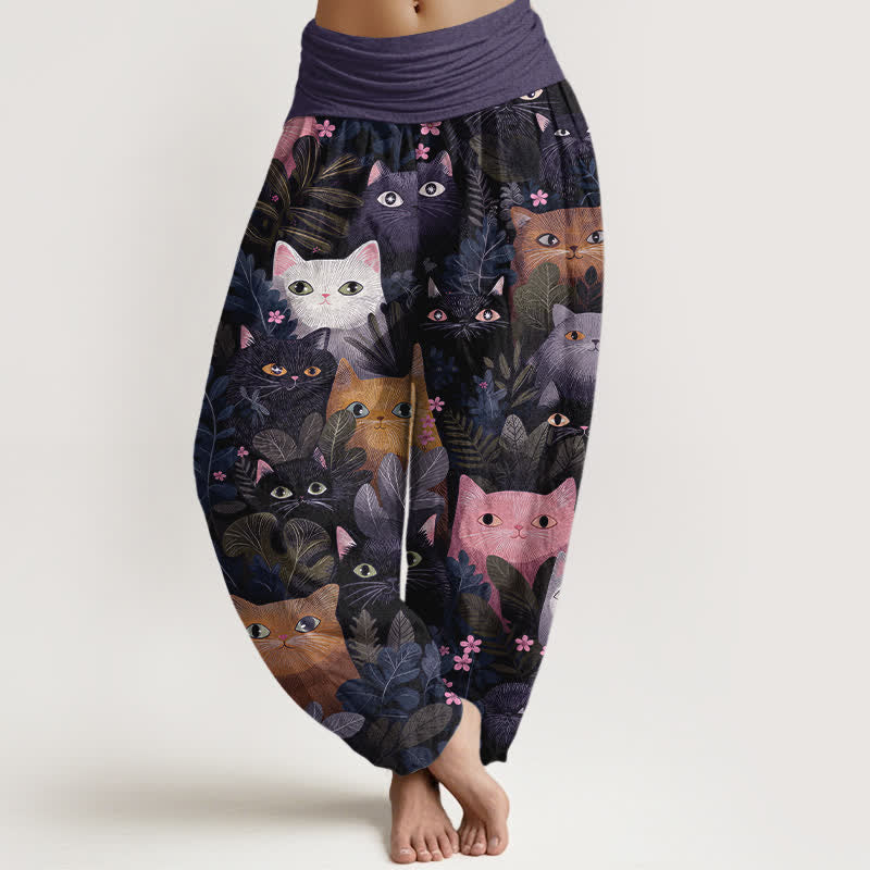 Buddha Stones Pantalones harem de algodón con estampado de gato de dibujos animados y hojas para mujer, con cintura elástica. - Violeta azul - US16，UK/AU20，EU48 (3XL) - image 8