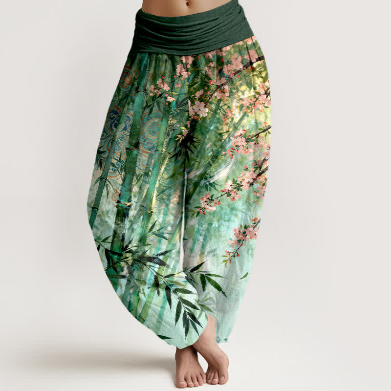 Buddha Stones Pantalones harem de mujer con cintura elástica y estampado de flores de cerezo y bambú de algodón. - Verdemar - US16，UK/AU20，EU48 (3XL) - image 0