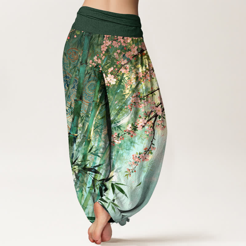 Buddha Stones Pantalones harem de mujer con cintura elástica y estampado de flores de cerezo y bambú de algodón. - image 2