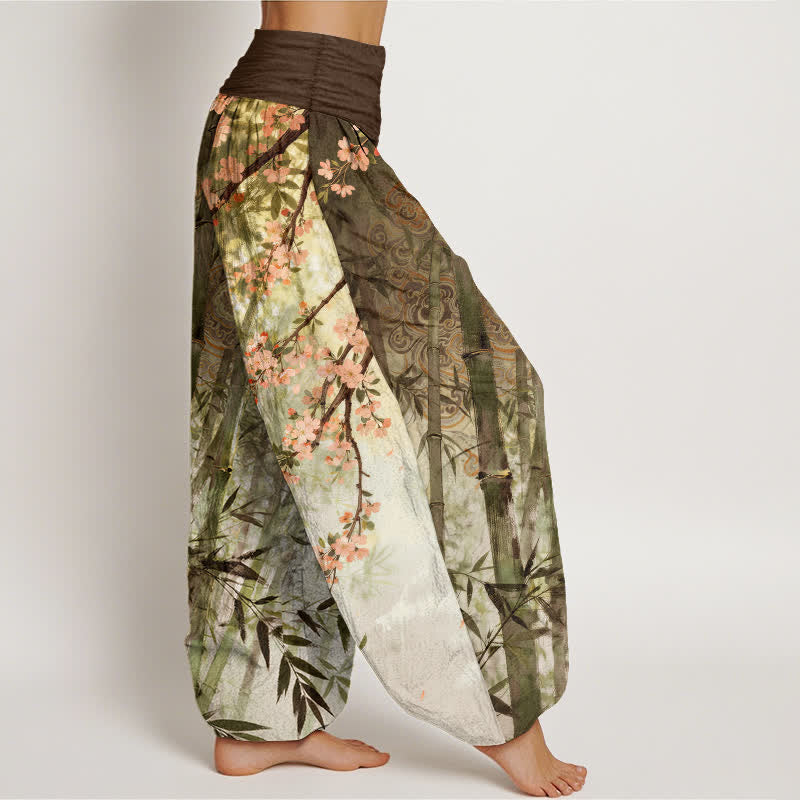 Buddha Stones Pantalones harem de mujer con cintura elástica y estampado de flores de cerezo y bambú de algodón. - image 6