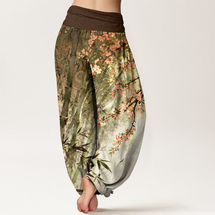 Buddha Stones Pantalones harem de mujer con cintura elástica y estampado de flores de cerezo y bambú de algodón. - image 7