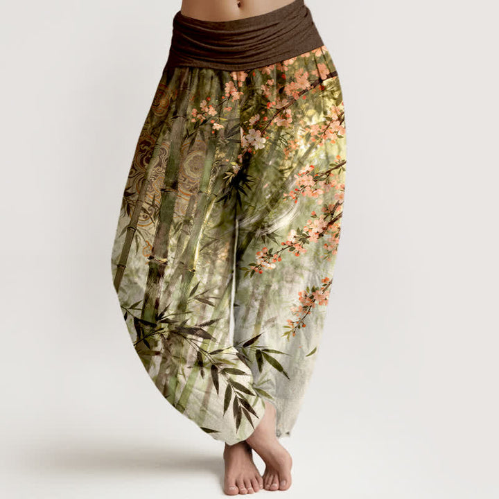 Buddha Stones Pantalones harem de mujer con cintura elástica y estampado de flores de cerezo y bambú de algodón. - Aceituna - US16，UK/AU20，EU48 (3XL) - image 5
