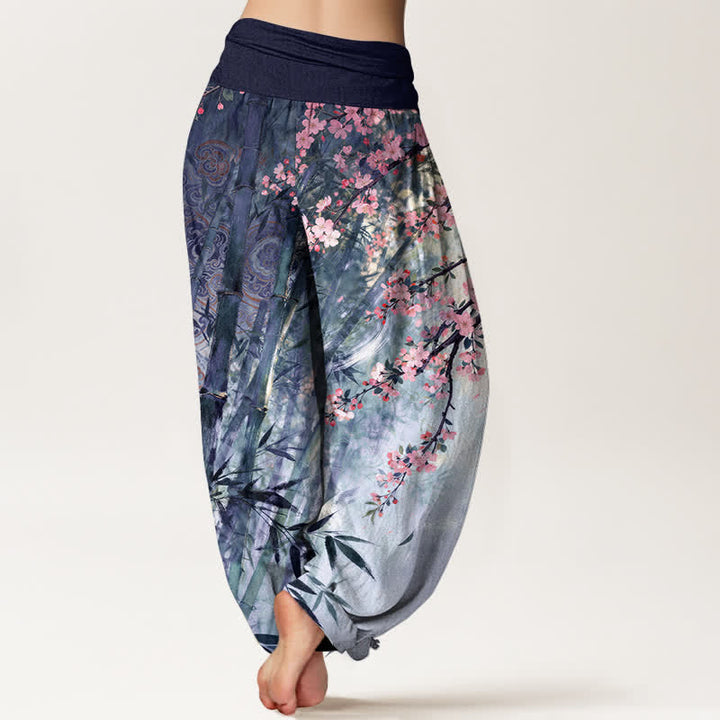 Buddha Stones Pantalones harem de mujer con cintura elástica y estampado de flores de cerezo y bambú de algodón. - image 10