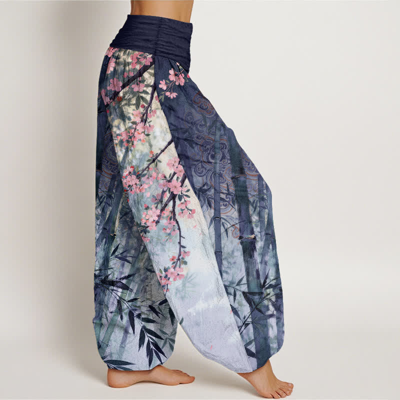 Buddha Stones Pantalones harem de mujer con cintura elástica y estampado de flores de cerezo y bambú de algodón. - image 9
