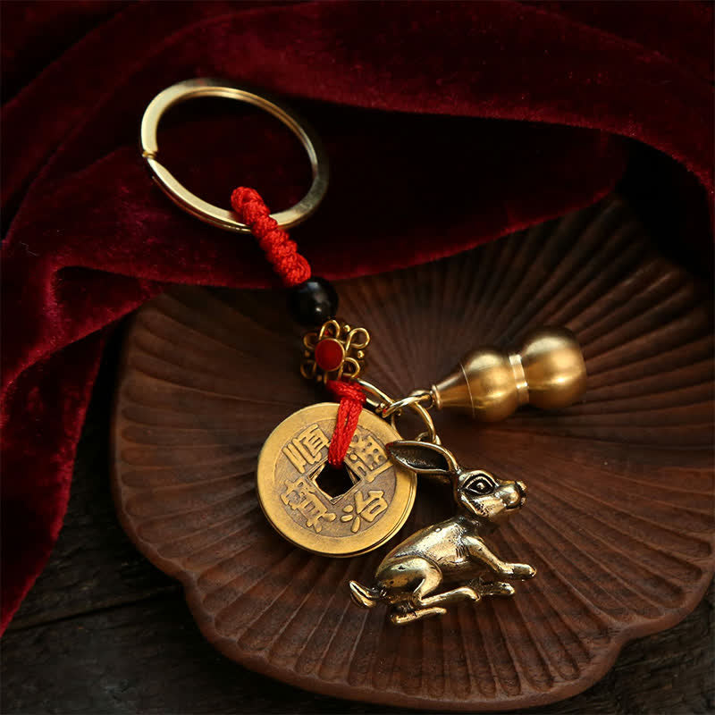 Buddha Stones Llaveros de calabaza con monedas de cobre del zodíaco chino de los cinco emperadores para la riqueza - image 11