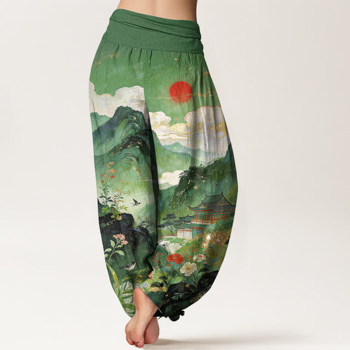 Buddha Stones Pantalones harem de cintura elástica para mujer con estampado de sol y diseño de pabellón de Cotton Mountain - image 2